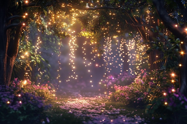 Photo enchanting fairy lights illuminating a garden at d