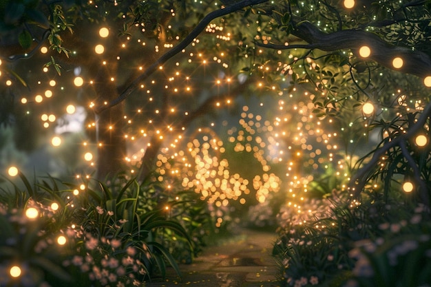 庭園で輝く 魅力的な妖精の光