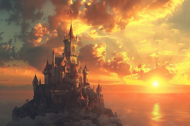 Enchanting fairytale castles against a sunset sky