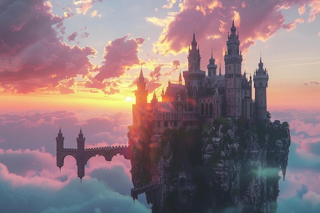 Enchanting fairytale castles against a sunset sky