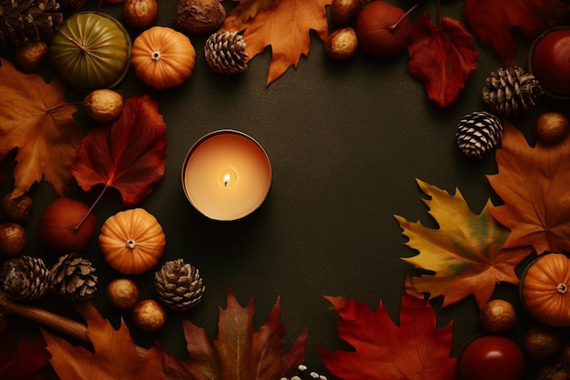 Enchanting fall aesthetic concept top view photo of candles