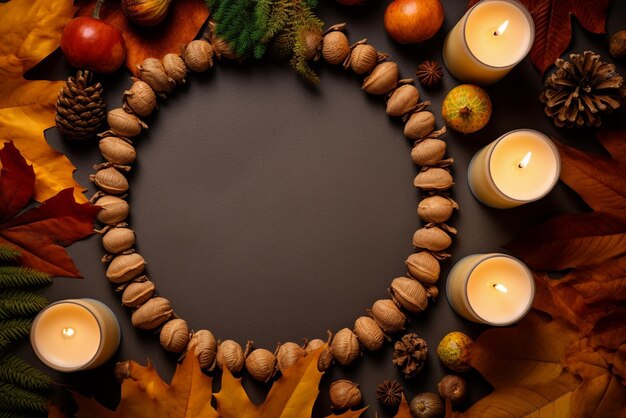 Enchanting fall aesthetic concept top view photo of candles