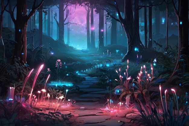 Photo enchanting fantasy forest art bioluminescent plants glowing crystals fireflies pandora like plan