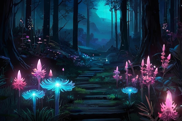 Photo enchanting fantasy forest art bioluminescent plants glowing crystals fireflies pandora like plan