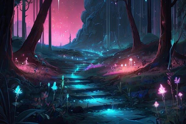 Photo enchanting fantasy forest art bioluminescent plants glowing crystals fireflies pandora like plan