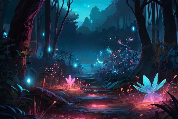 Photo enchanting fantasy forest art bioluminescent plants glowing crystals fireflies pandora like plan