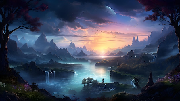 Enchanting Fantasy Landscape with Majestic Mountains and Serene Lake Generative AI