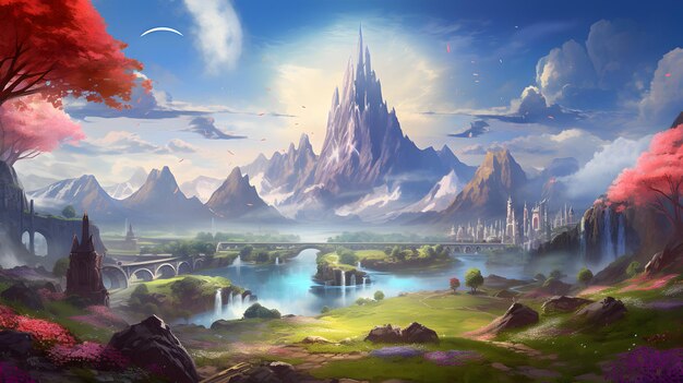 Enchanting Fantasy Landscape with Majestic River and Towering Mountains Generative AI