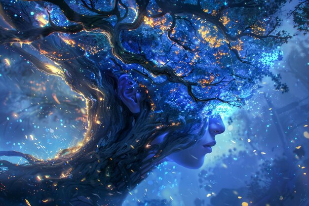 Enchanting Fantasy Woman with Cosmic Tree Artwork Ethereal Nature Connection Mystical Night Sky