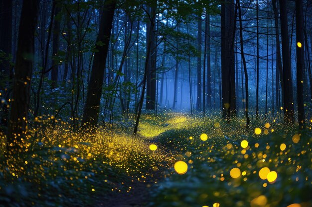 Enchanting fireflies creating magical displays in the night A mesmerizing scene of fireflies illuminating the darkness with their twinkling lights