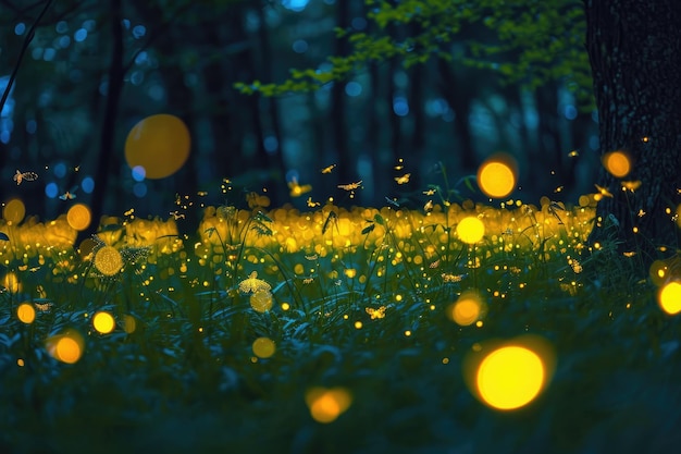 Enchanting fireflies creating magical displays in the night A mesmerizing scene of fireflies illuminating the darkness with their twinkling lights