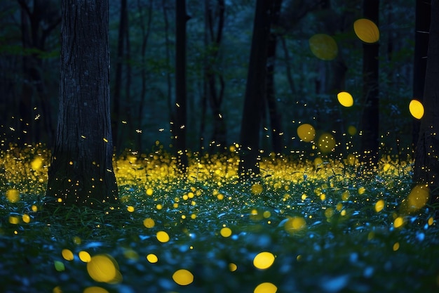 Enchanting fireflies creating magical displays in the night A mesmerizing scene of fireflies illuminating the darkness with their twinkling lights