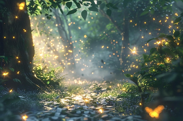 Enchanting fireflies dancing in a magical forest c