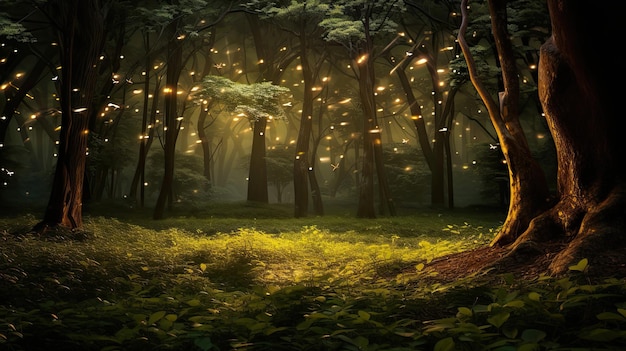 Enchanting fireflies illuminating a tranquil forest at twilight