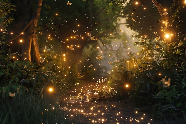 Фото Очаровательные светлячки мерцают в лесу