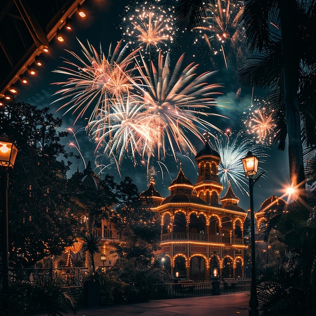 Enchanting Fireworks Display Over Night Sky Building