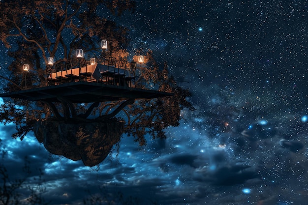 enchanting floating island with lanterns in a night sky filled with stars creating a mystical and magical atmosphere