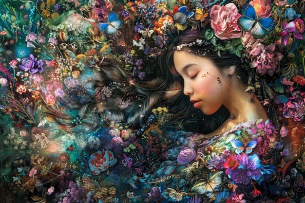 사진 꽃이 피고 울창한 잎자루로 둘러싸인 미묘한 여성과 함께 매혹적인 꽃 꿈의 풍경