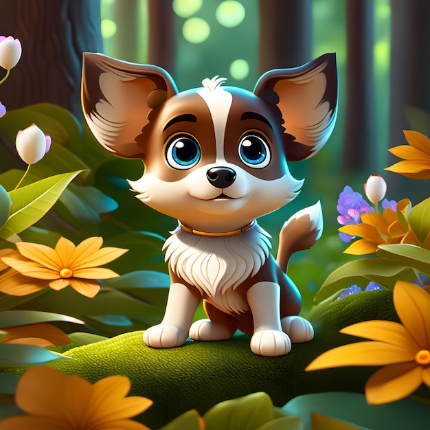 Enchanting Flower Forest with Adorable Baby Dogs and Cute BigEyed Puppies