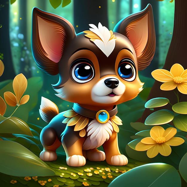 Enchanting Flower Forest with Adorable Baby Dogs and Cute BigEyed Puppies