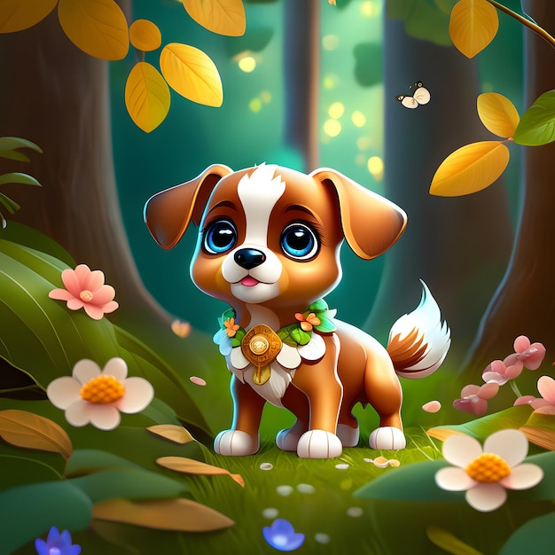 Enchanting Flower Forest with Adorable Baby Dogs and Cute BigEyed Puppies