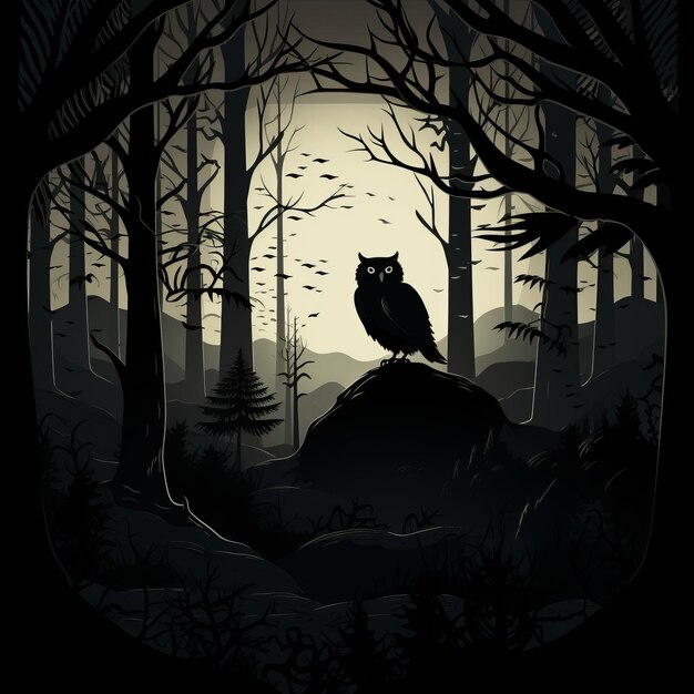 Photo the enchanting forest adventure shadow owl silhouette in a cartoonish landscape