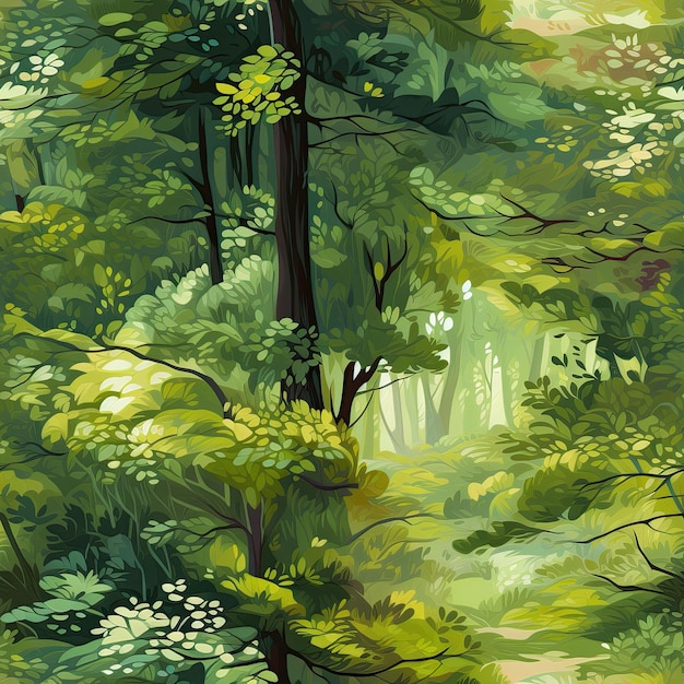 Enchanting forest glade with sunlight filtering through trees