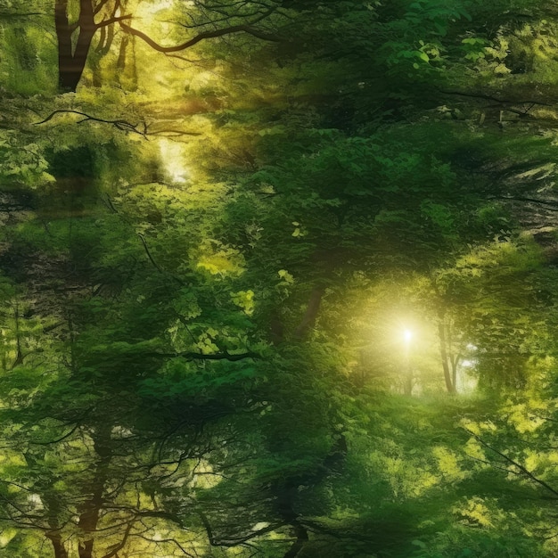 Enchanting forest glade with sunlight filtering through trees