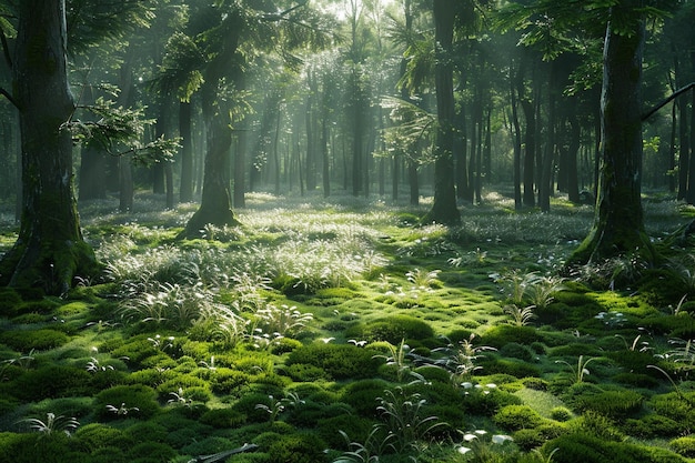 Enchanting forest glades carpeted in emerald moss