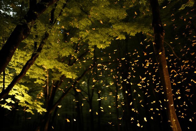 Foto foresta incantevole illuminata da lucciole luminose che creano un'atmosfera magica