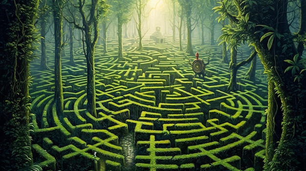 Photo enchanting forest maze with a man in a red hat generative ai