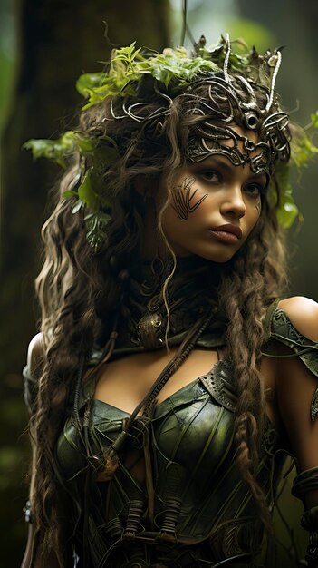 神秘的な世界とシームレスに溶け合う、緑豊かな衣装を着た魅惑的な森の妖精。
