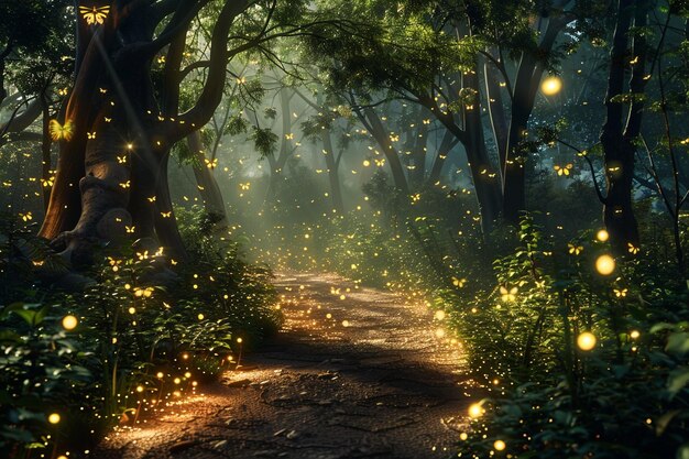 Очаровательная лесная тропа, освещенная светлячками.