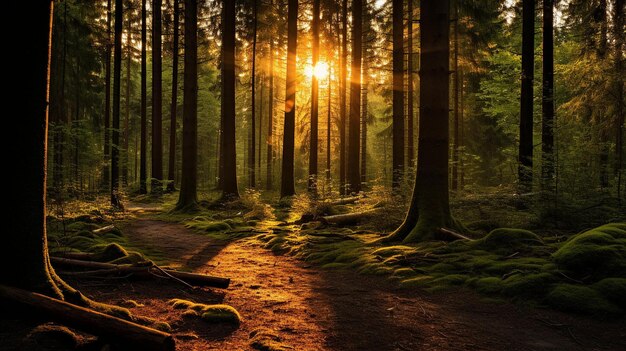 Enchanting Forest Path Illuminated by Sunbeams