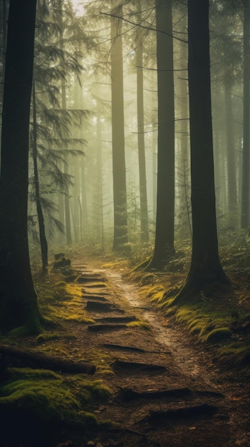 Enchanting Forest Path in Morning Mist Generative AI