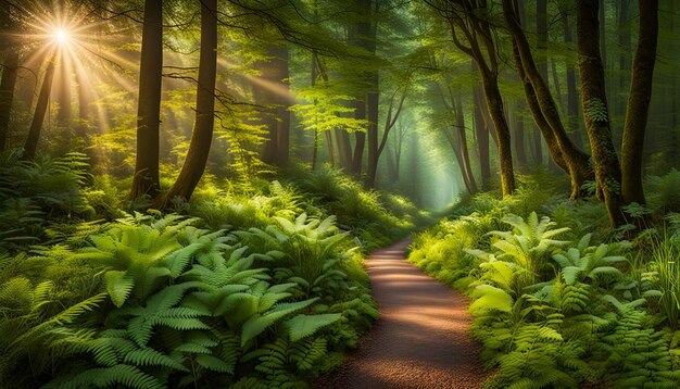 Photo enchanting forest pathway lined with wildflowers and ferns
