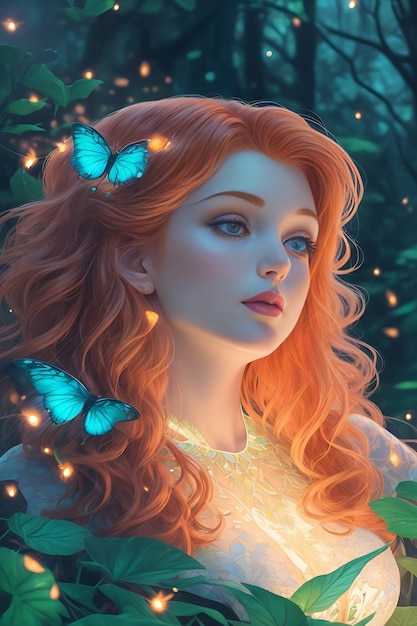 Enchanting Forest Reverie Curvy Ginger Woman Backlit by Fireflies A Highly Detailed Vintage Comic