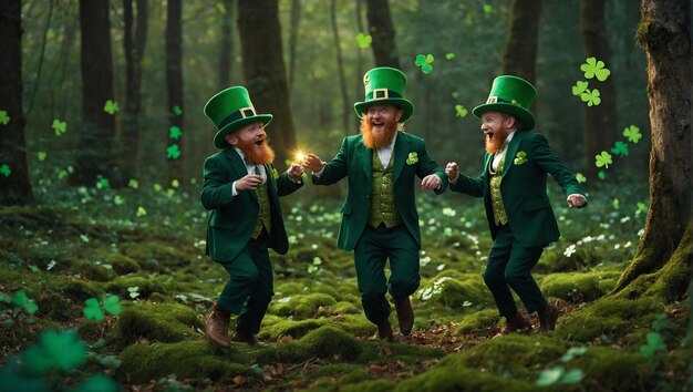 An enchanting forest scene where mischievous leprechauns are seen dancing around a glowing emerald s