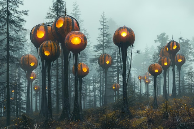 Photo enchanting forest scene with mystical glowing pumpkin lanterns hanging from trees in misty woods