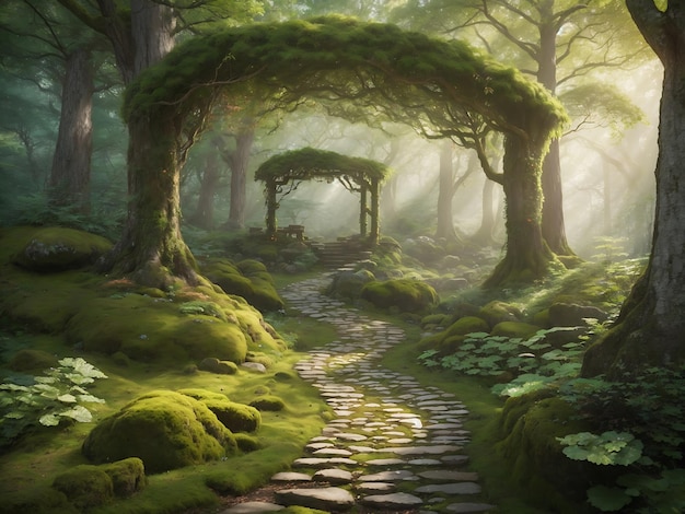 an enchanting forest scene with a winding path mosscovered rocks and a canopy of leaves overhead