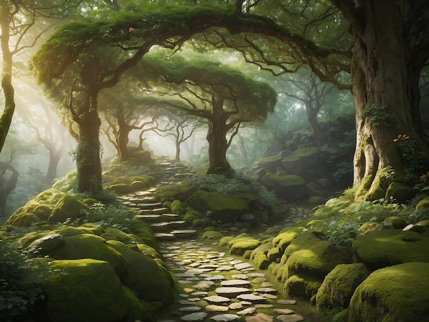 очаровательная лесная сцена с извилистой тропой, покрытой мохом скалами и навесом листьев над головой