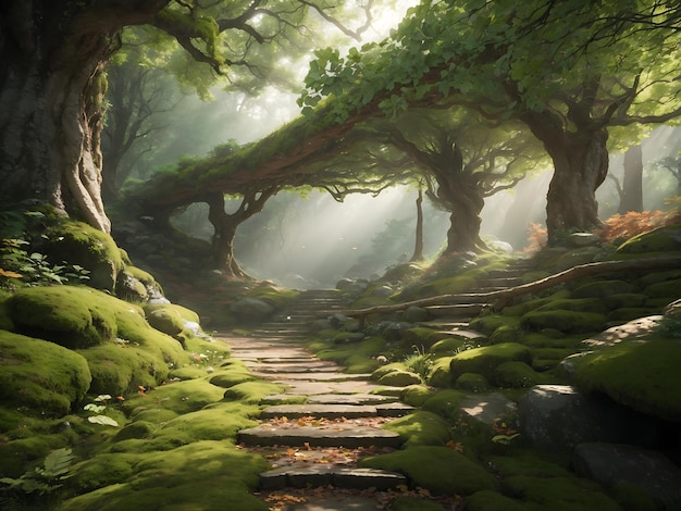 an enchanting forest scene with a winding path mosscovered rocks and a canopy of leaves overhead