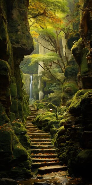 Photo enchanting forest stairs leading to a majestic waterfall