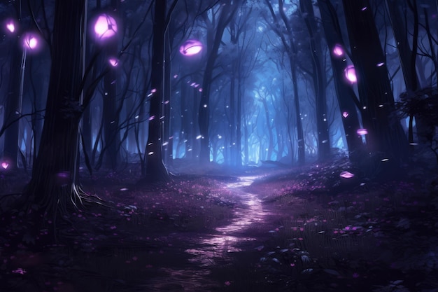 Enchanting forest teeming with fireflies night ambiance gentle purple radiance Generative AI