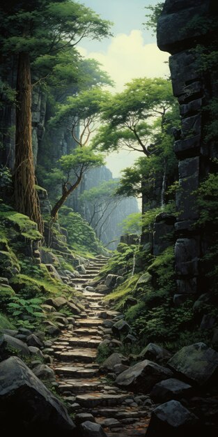 Enchanting Forest Trail Een rustig schilderij geïnspireerd door Hiroshi Nagai en Miyazaki Hayao