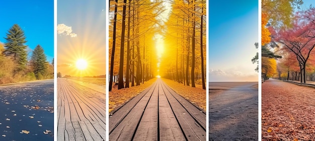 Enchanting forest travel collage with white vertical lines and vibrant light segments