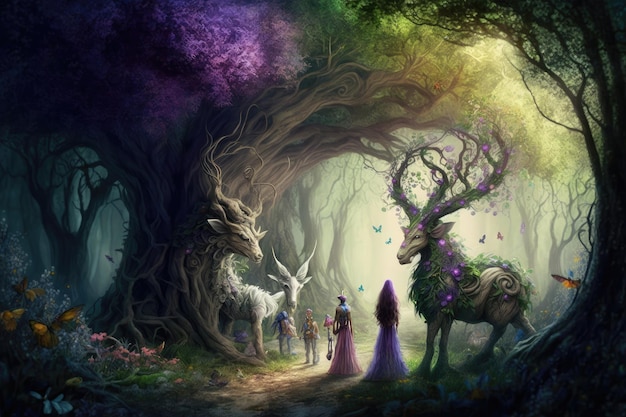 Enchanting forest with magical creatures fairies and elves in their natural habitats