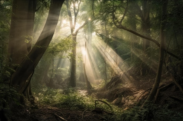 Чарующий лес с солнечными лучами, создающими мистическую ауру