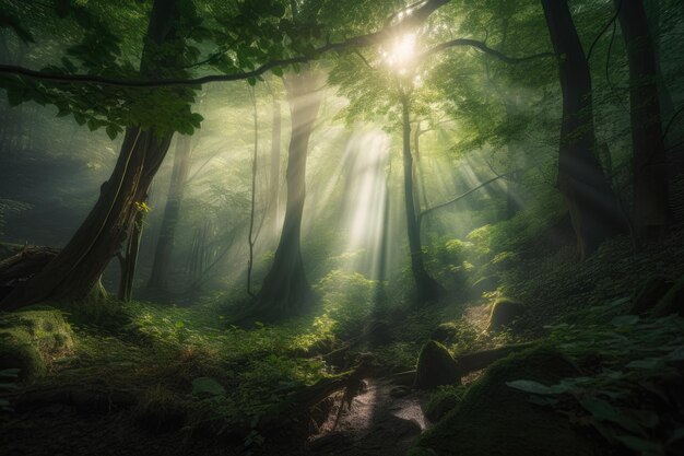 Enchanting forest with rays of sunlight creating a mystical aura