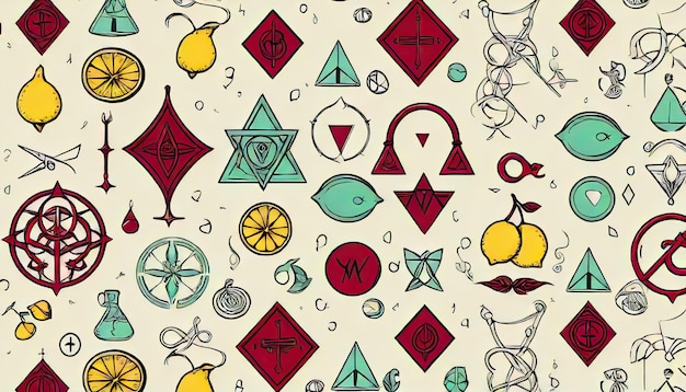 Enchanting Fusion Alchemy Symbols in Mint Cream with Crimson and Lemon Yellow Accents